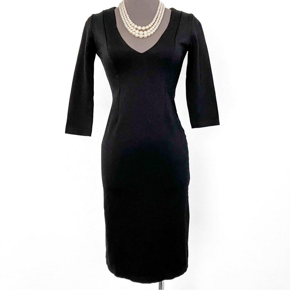 SOLD Retrolicious Black Stretch Knit Sleeved V Neck Midi Pencil Dress Small - Picture 1 of 9